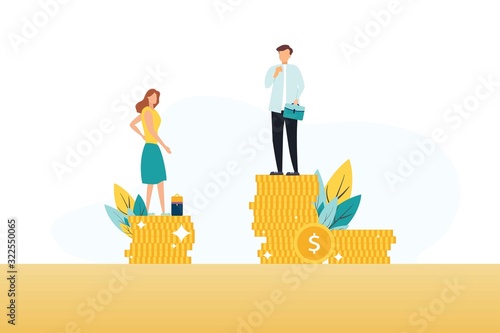 Businessman and businesswoman are standing on stacks of coins representing wages level. Vector illustration.