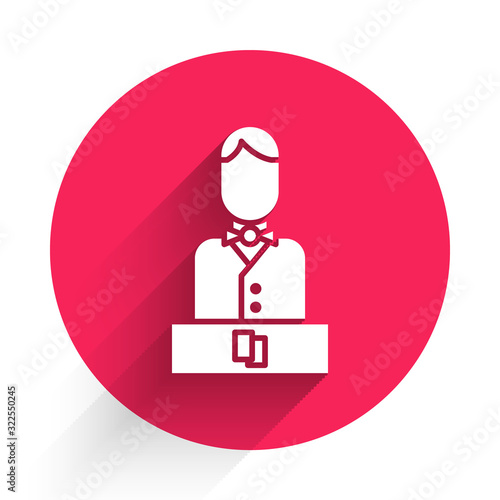 White Casino dealer icon isolated with long shadow. Casino croupier. Red circle button. Vector Illustration