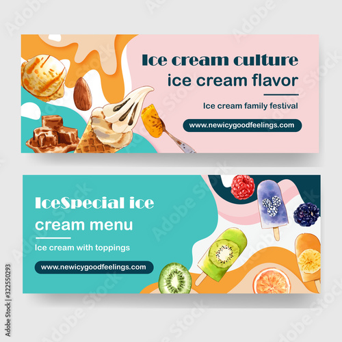 Ice cream banner design with fruits, chocolate watercolor illustration.