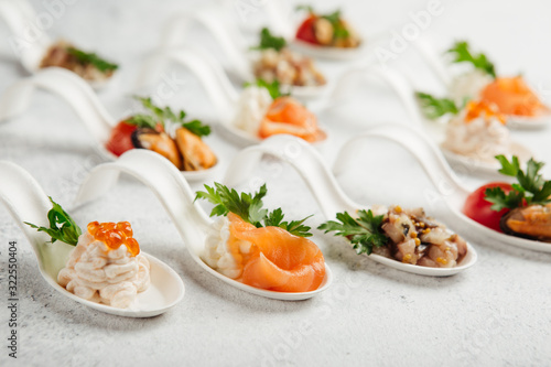 portioned snacks canapes and sandwiches with meat, cheese and vegetables