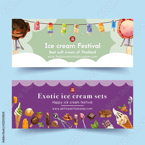 Ice cream banner design with mix fruits, chocolate watercolor illustration.