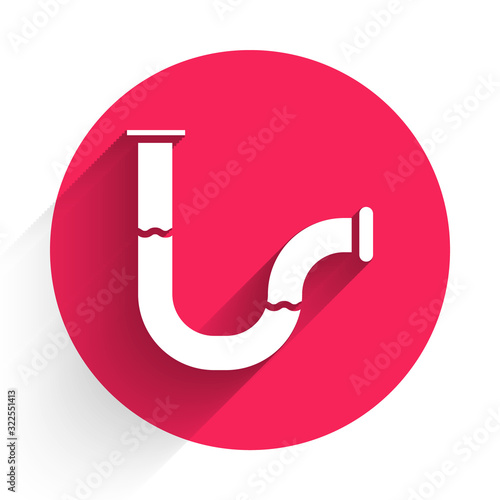 White Industry metallic pipe icon isolated with long shadow. Plumbing pipeline parts of different shapes. Red circle button. Vector Illustration