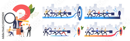 Effective teamwork set. Teamwork inserting key to lock together. Flat vector illustrations. Business, cooperation, leadership concept for banner, website design or landing web page
