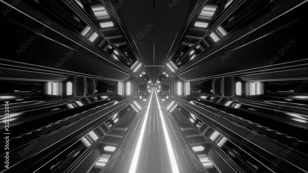 3d illustration background wallpaper of a futuristic science-fiction tunnel hangar corridor with glowing metal graphic artwork