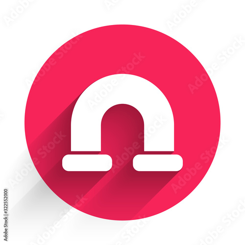 White Industry metallic pipe icon isolated with long shadow. Plumbing pipeline parts of different shapes. Red circle button. Vector Illustration