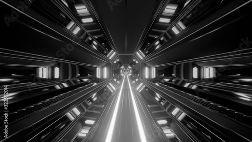 Fototapeta Naklejka Na Ścianę i Meble -  3d illustration background wallpaper of a futuristic science-fiction tunnel hangar corridor with glowing metal graphic artwork