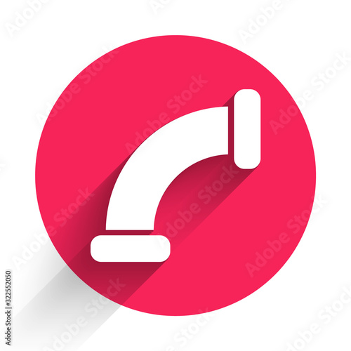 White Industry metallic pipe icon isolated with long shadow. Plumbing pipeline parts of different shapes. Red circle button. Vector Illustration