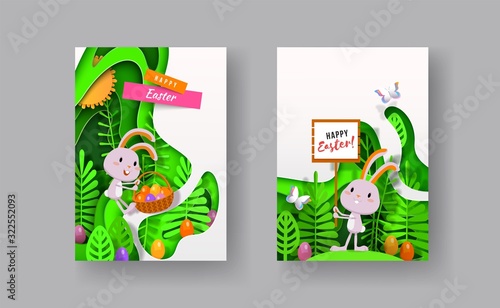 Happy Easter 3d papercut layered design with funny rabbit, Easter eggs, stylized trees, multilayered effect. Vector illustration for website, poster, promotion, ad, coupon, banner, flyer