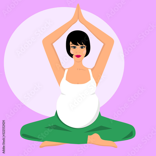 Illustration of a pregnant woman practicing yoga on a purple background