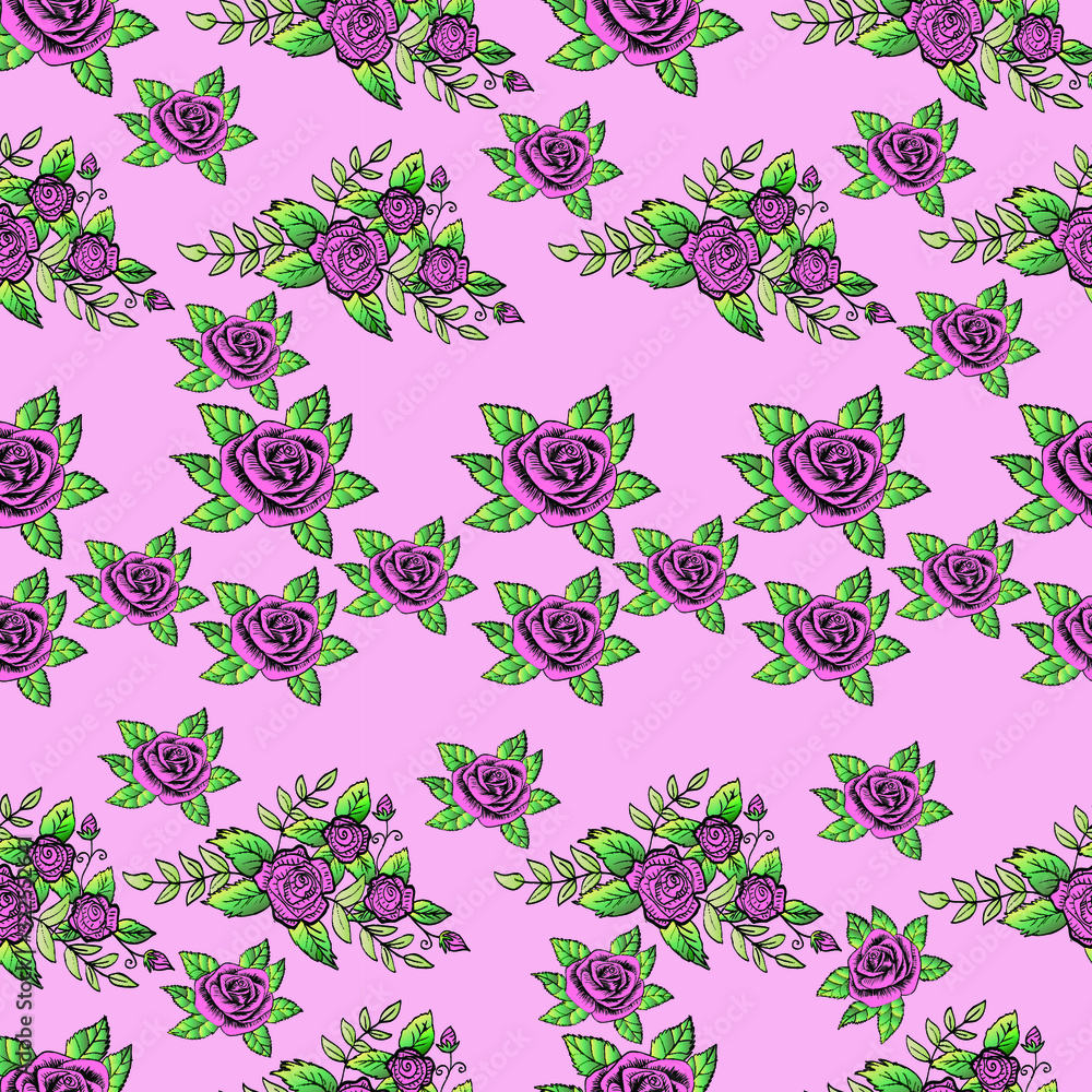 Obraz premium Seamless pattern with pink rose flowers