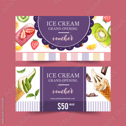 Ice cream voucher design with chocolate, fruits watercolor illustration.