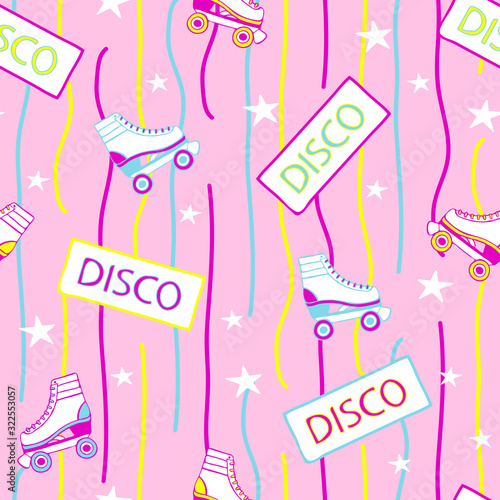 Seamless vector pattern with roller skates on pink background. Retro party wallpaper design with neon colours. Vintage disco repeat art.