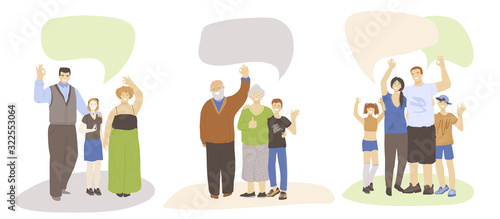 Vector set of happy joyful different generation families  waving hands  showing OK sign with speech bubbles above. Cheerful happy family with kids  older parents and adults  isolated on white