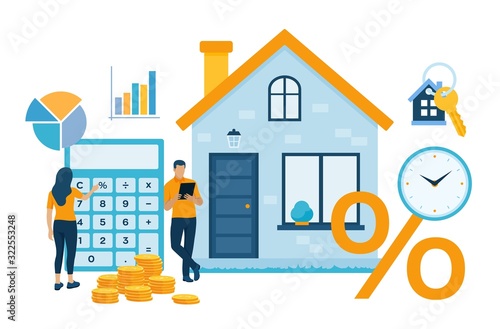 Mortgage concept. House loan or money investment to real estate. Property money investment contract. Buying Home. Man and woman calculates home mortgage rate. Vector illustration with characters.