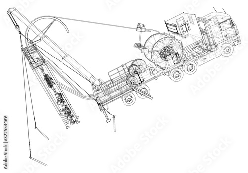 Oilfield coiled tubing equipment. Coiled tubing reel on a trailer. The layers of visible and invisible lines are separated.