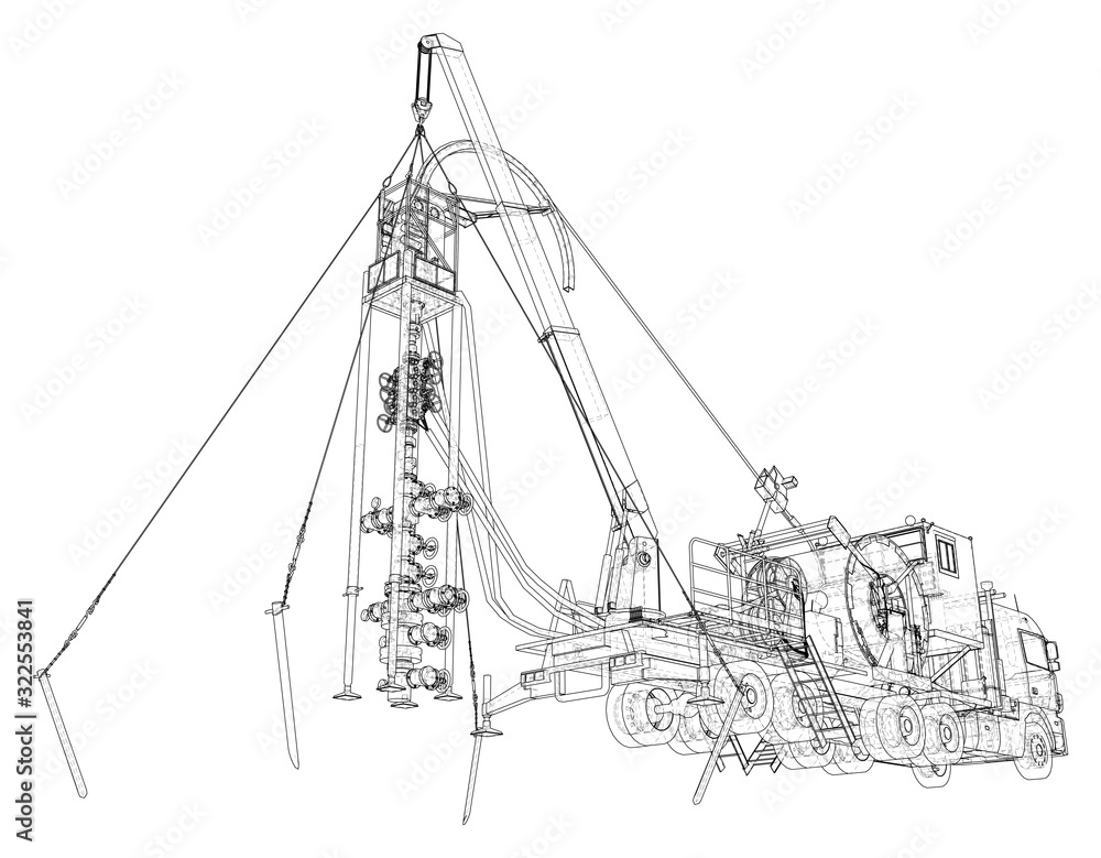 Obraz premium Coiled tubing unit machine. The layers of visible and invisible lines are separated. EPS10 format. Wire-frame.