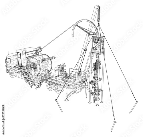 Oilfield coiled tubing equipment. Coiled tubing reel on a trailer. The layers of visible and invisible lines are separated.