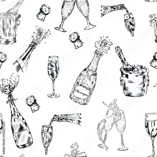 Champagne, bottle, glasses, drink vector seamless pattern on white background. Concept for menu, cards, wallpaper, wrapping paper 