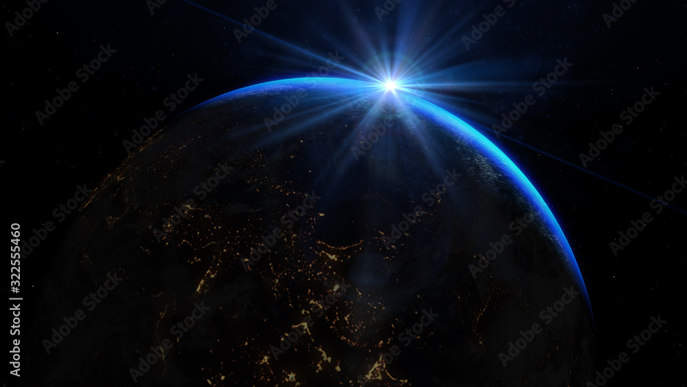 Fototapeta premium Earth in cosmos and bright sun. Elements of this image furnished by NASA.
