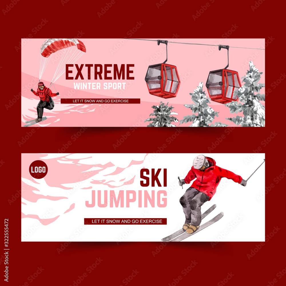 Obraz premium Winter sport banner design with sky, cabin, snow watercolor illustration.