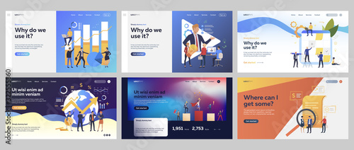Leaders working on project set. Bar chart, video consulting, contract, note board. Flat vector illustrations. Business, management, success concept for banner, website design or landing web page
