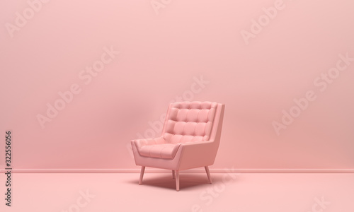 Single isolated armchair in flat monochrome pink color background, single color composition, 3d Rendering photo