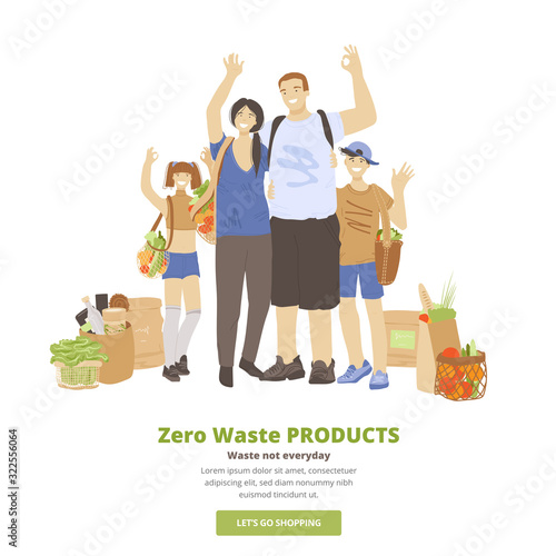 Vector illustration of happy cheerful family of man, woman and two kids, hugging, waving hands, showing OK sign and holding Zero Waste Ecological Products in reusable bags. Eco family concept