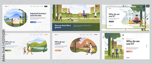 People spending weekend outdoors set. Hiking, fishing, camping, leisure in city park. Flat vector illustrations. Active lifestyle, recreation concept for banner, website design or landing web page