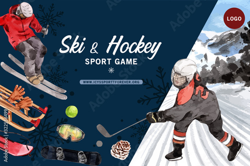Winter sport frame design with windproof glasses, gloves watercolor illustration.