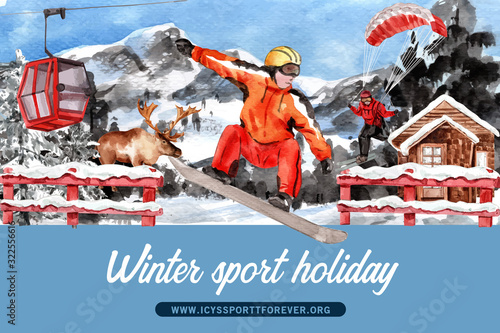 Winter sport frame design with ropeway, parachute watercolor illustration.