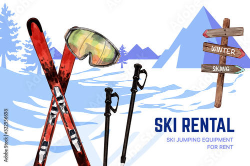 Winter sport frame design with ski, windproof glasses watercolor illustration.