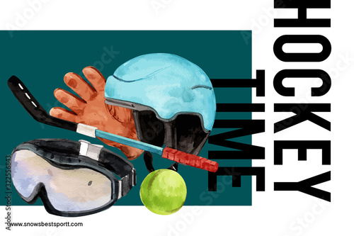 Winter sport frame design with windproof glasses, ball watercolor illustration.