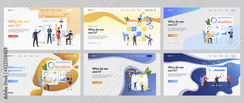 Business strategy set. Professional brainstorming at task board, presenting charts. Flat vector illustrations. Management, planning concept for banner, website design or landing web page