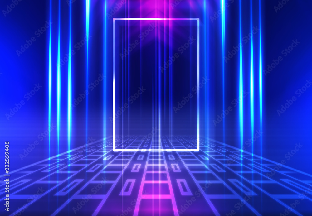 Dark abstract futuristic background. The geometric shape of the rectangle in the middle of the scene. Neon blue-pink rays of light on a dark background Dark abstract futuristic background. The geometric shape of the rectangle in the middle of the scene. Neon blue-pink rays of light on a dark background