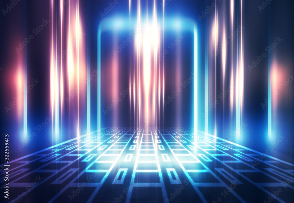 Obraz premium Dark abstract futuristic background. The geometric shape of the rectangle in the middle of the scene. Neon blue-pink rays of light on a dark background
