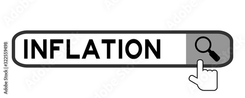 Search box with word inflation and hand icon over magnifier on white background