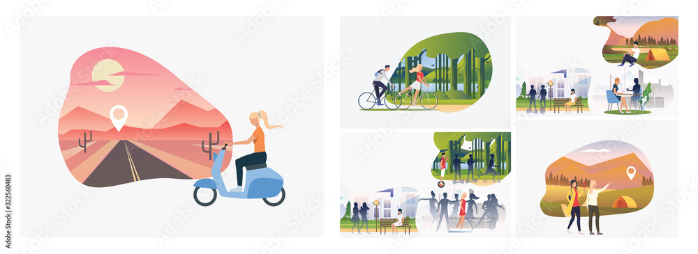 Set of young people enjoying active leisure. Flat vector illustrations of people finding locations and resting in park. Recreation, hiking concept for banner, website design or landing web page - obrazy, fototapety, plakaty 