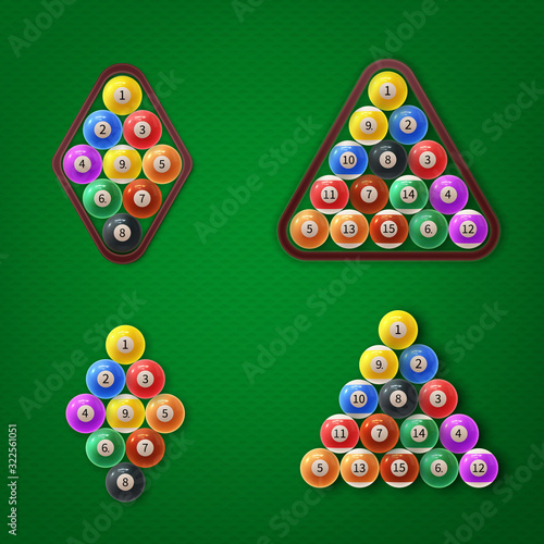 Different types American pool ball racks. Vector illustration