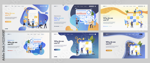 Business cooperation set. Managers signing contract, presenting graph, Kanban board. Flat vector illustrations. Management, teamwork concept for banner, website design or landing web page