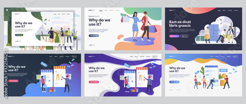 Shopping at sale set. Consumers buying online, flea market, clothes shop. Flat vector illustrations. Business, commerce concept for banner, website design or landing web page