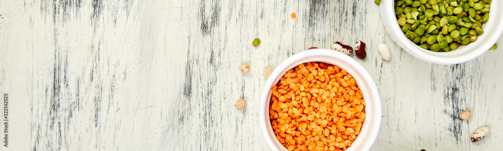 Banner of Collection set of beans and legumes. Bowls of various lentils Banner of Collection set of beans and legumes. Bowls of various lentils