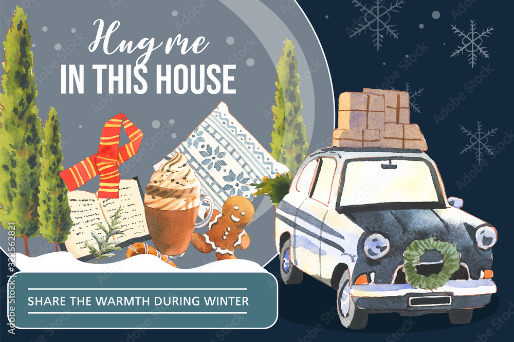 Obraz premium Winter home frame design with cookies, book, tree, car watercolor illustration.