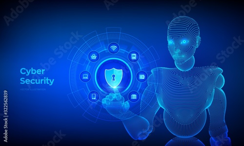 Cyber Security. Data protection business concept on virtual screen. Shield protect icon. Internet privacy and safety. Antivirus. Wireframed cyborg hand touching digital interface. Vector illustration.