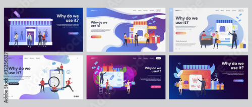 Retail marketing set. Customers shopping in store, online, using gift card, survey. Flat vector illustrations. Business, commerce, sale concept for banner, website design or landing web page