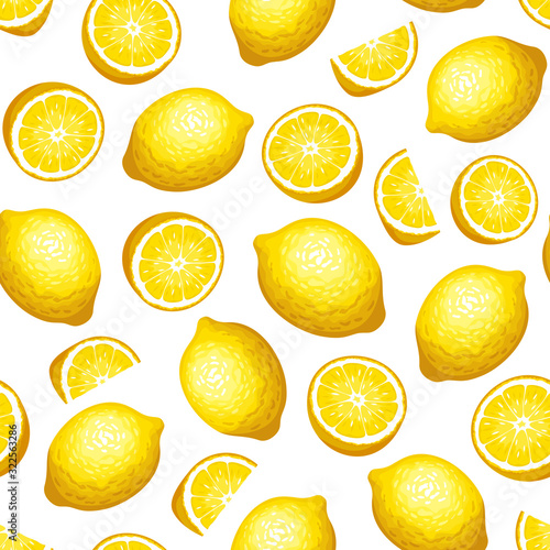Vector seamless pattern with yellow lemon fruit on a white background.