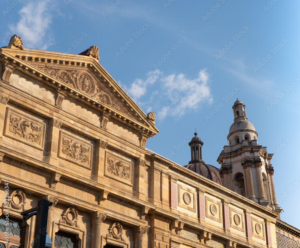 Fototapeta premium Church of San Felipe Neri in Mexico city. Details of colonial architecture. Travel photo. Wallpaper or background. Latin america.