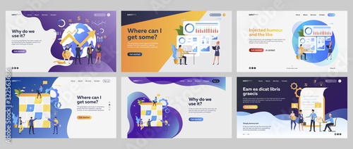 Planning and management set. Business leaders presenting charts, closing deal, Kanban board. Flat vector illustrations. Finance, marketing concept for banner, website design or landing web page photo