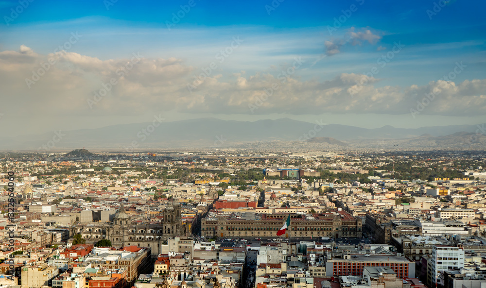 Panorama of Mexico city central part  from skyscraper Latino americano. View with buildings. Travel photo, background, wallpaper.