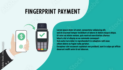 Fingerprint payment vector website template. Mobile contactless cards, fingerprint recognition biometric technology concept.