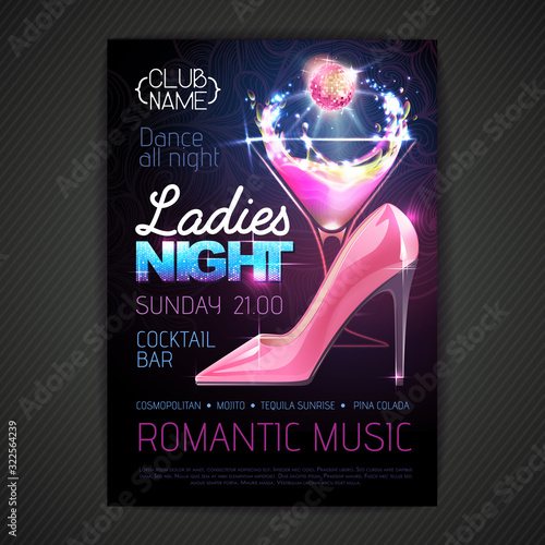 Disco ball background. Disco party poster ladies night with cocktail. Womens day party